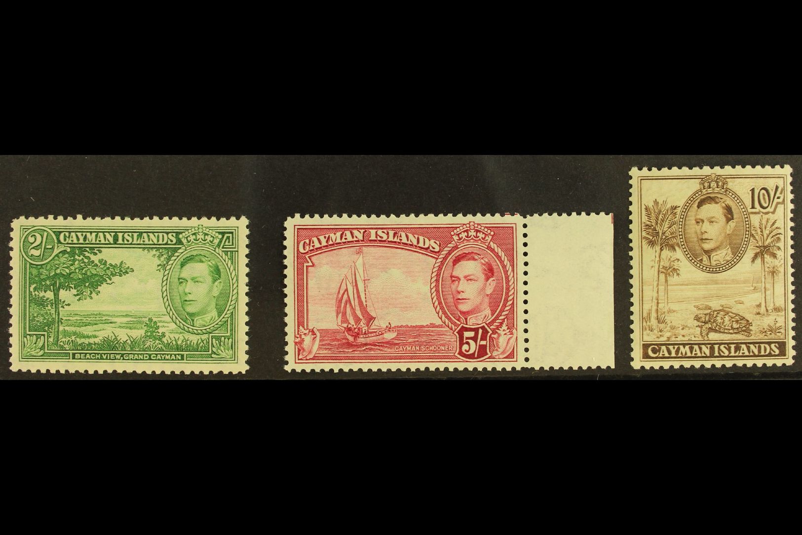 1938-48  2s Yellow-green, 5s Carmine-lake & 10s Chocolate (perf 11½x13) Pictorials Top Values, SG 124, 125 & 126, Never  - Iles Caïmans