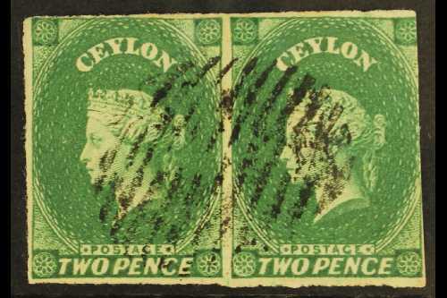 1857  2d Blue Green, SG 3, Used Pair With Margins To 3 Sides. Attractive Item. For More Images, Please Visit Http://www. - Ceylan (...-1947)