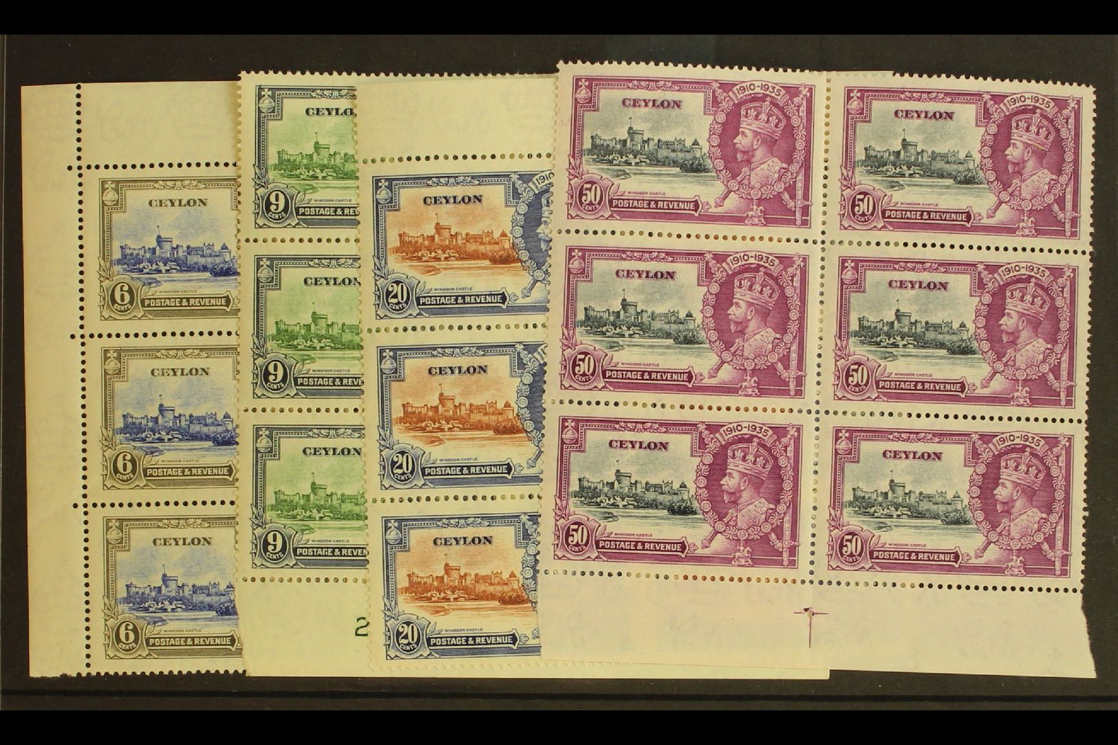 1935  Silver Jubilee Complete Set, SG 379/382, As Mint Marginal BLOCKS OF SIX, Light Creasing To The 6c And 9c, Otherwis - Ceylan (...-1947)