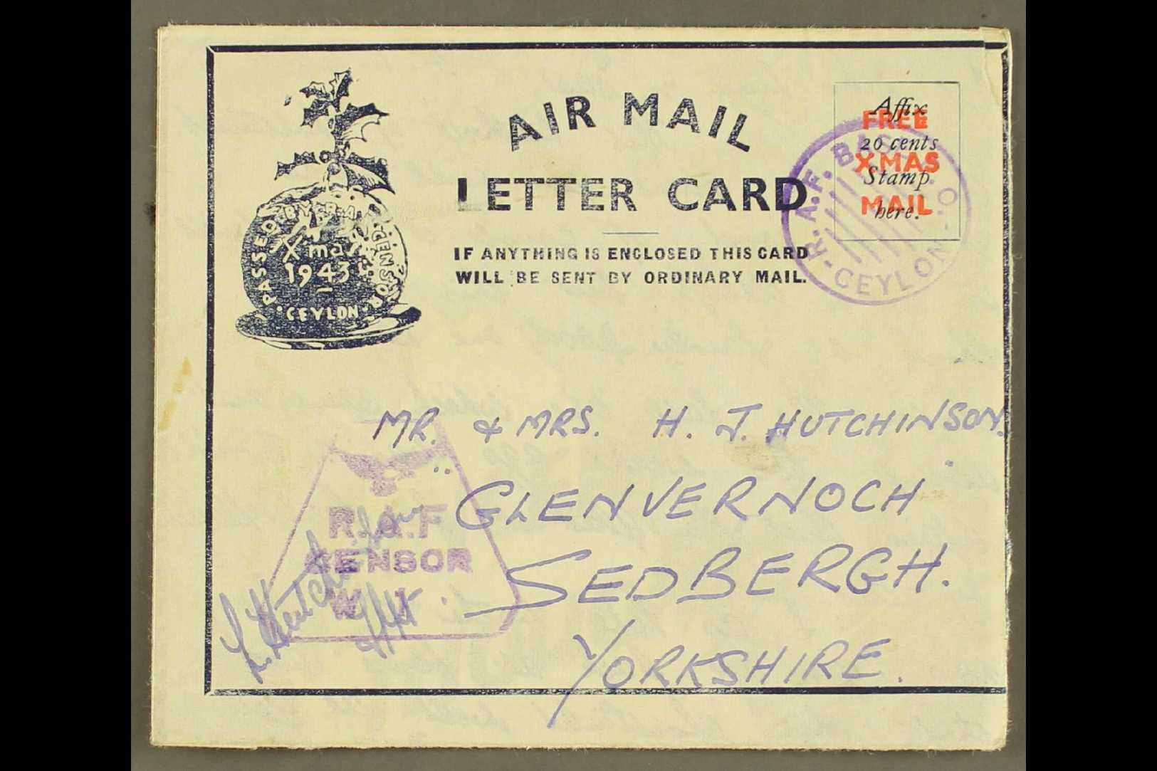 1943 BRITISH MILITARY FORCES CHRISTMAS AEROGRAMME  (Kessler 188) "Affix 20 Cents Stamp Here" From An Airman At R.A.F. Ce - Ceilán (...-1947)