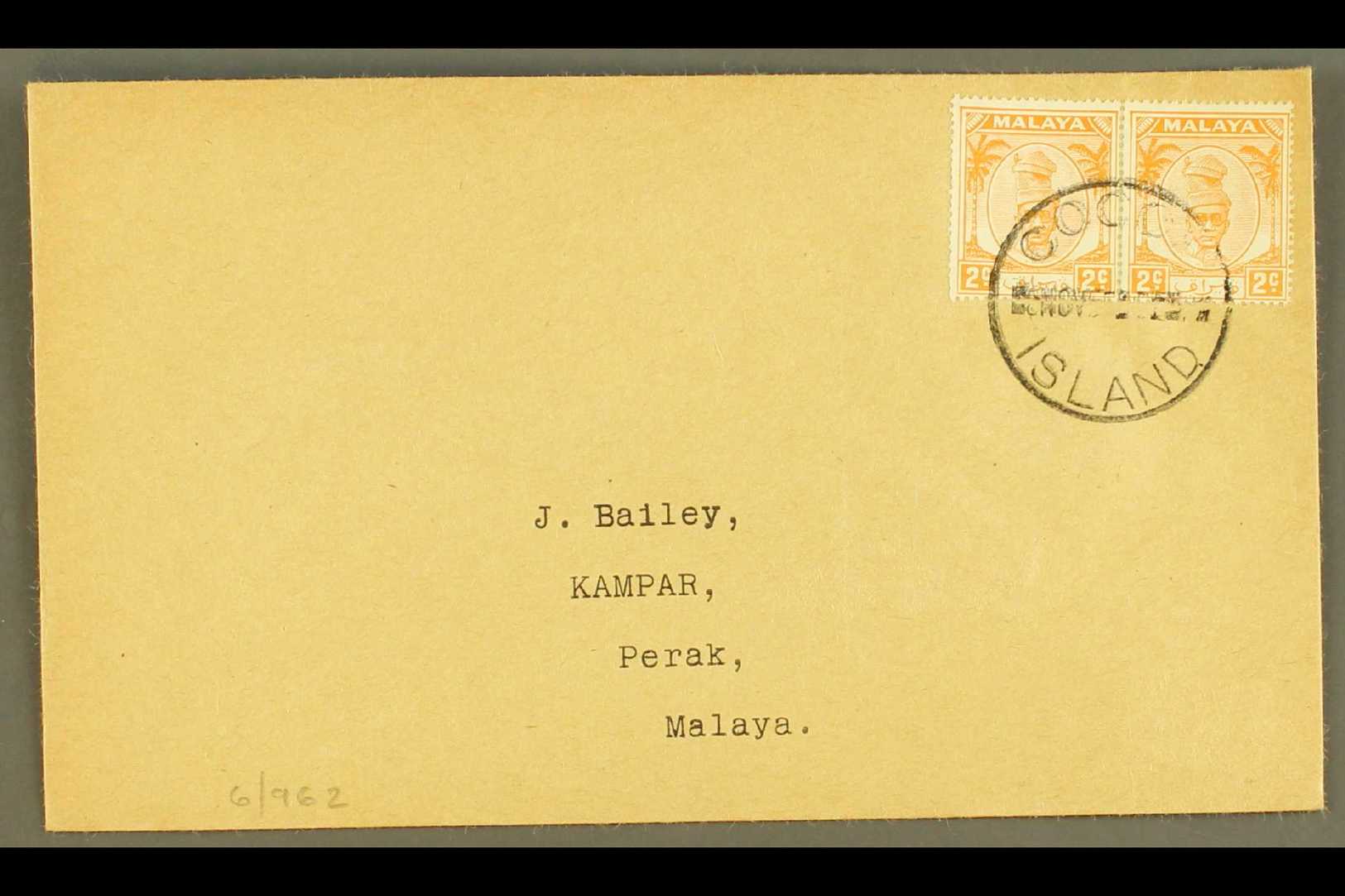 1950 MALAYA USED IN  (Nov) A Neat Envelope To Perak, Bearing Kelantan 2c Orange Pair, SG 62, Tied By Crisp COCOS ISLAND  - Cocos (Keeling) Islands