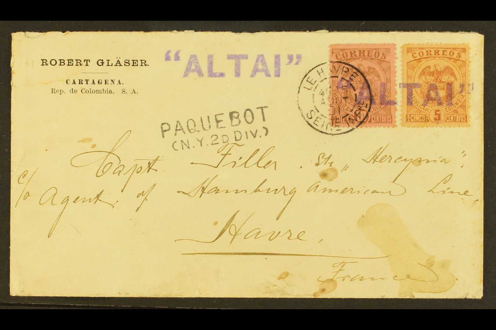 1901 PAQUEBOT S.S. "ALTAI" COVER.  1901 (Aug) Cover Addressed To France, Bearing 5c & 10c Stamps Tied By Straight-line V - Colombia