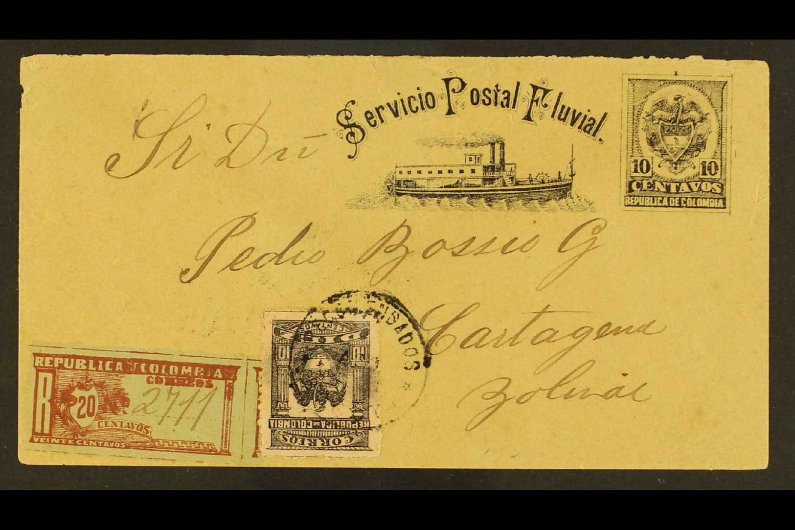 1902  10c Black Registered Printed Ship 'Servicio Postal Fluvial' Postal Stationery Envelope, Uprated With 1902 20c Perf - Colombie