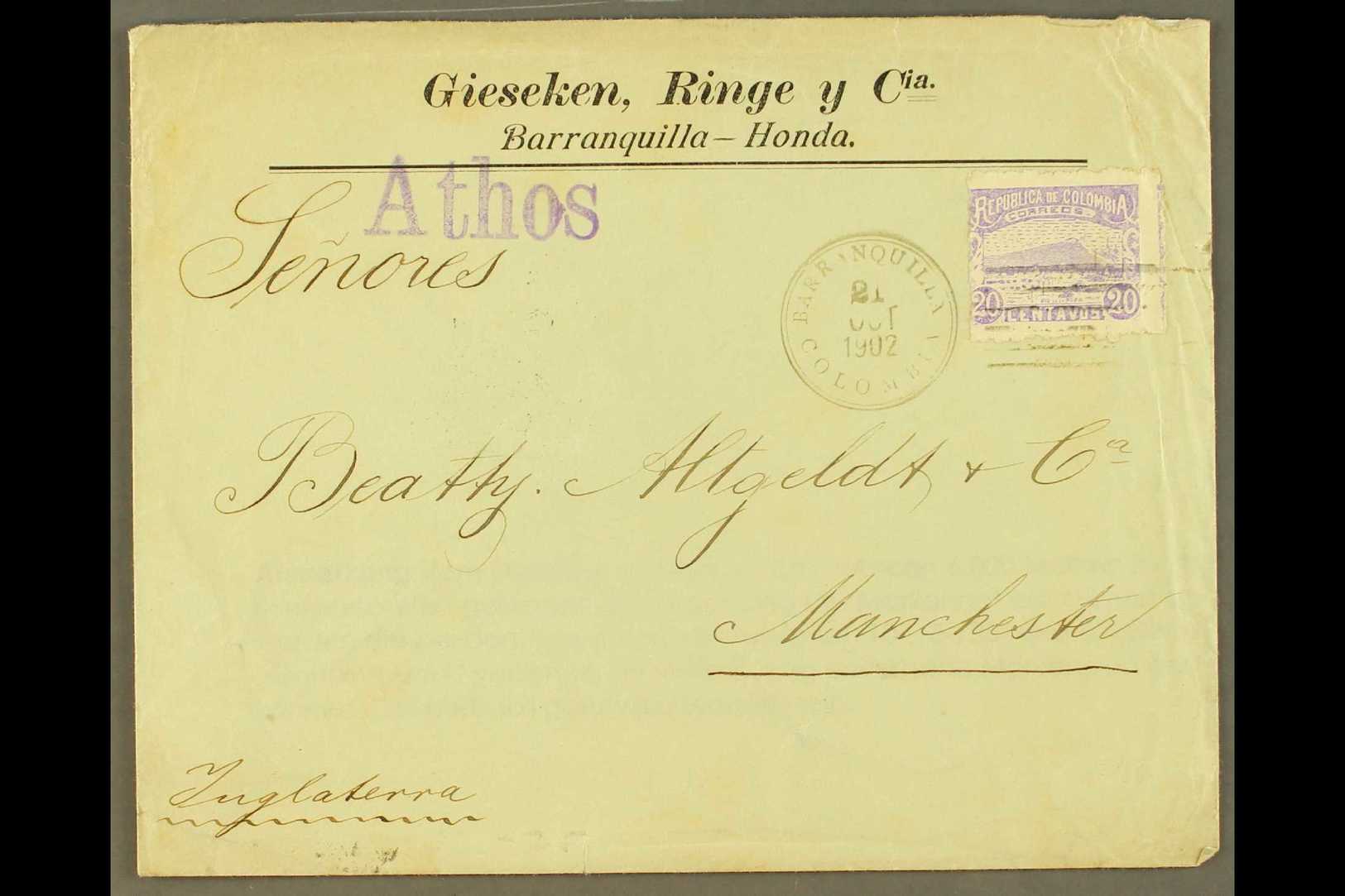1902 S.S. "ATHOS" SHIP COVER.  1902 (Oct) Cover Addressed To England, Bearing 20c Stamp Tied By "Barranquilla" Postmark, - Colombia