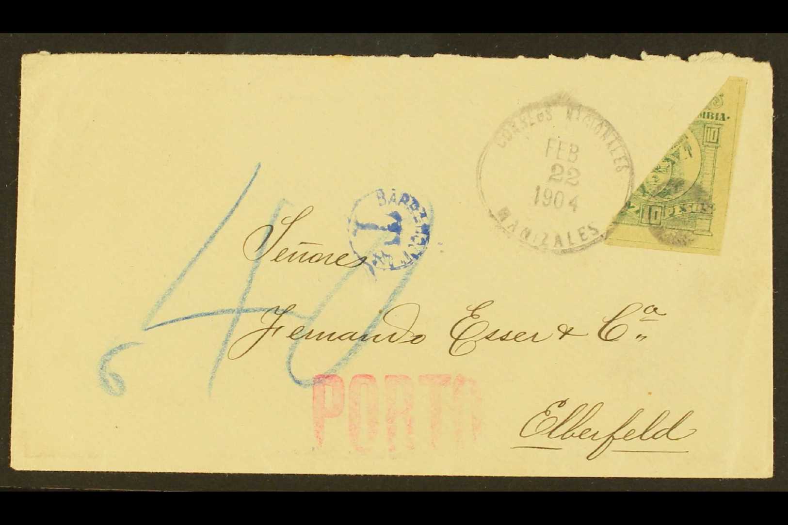 1904  (22 Feb) Cover Addressed To Germany, Bearing 1902 10p Imperf BISECT (Scott 274) Tied By "Manizales" Cds, With Blue - Colombia