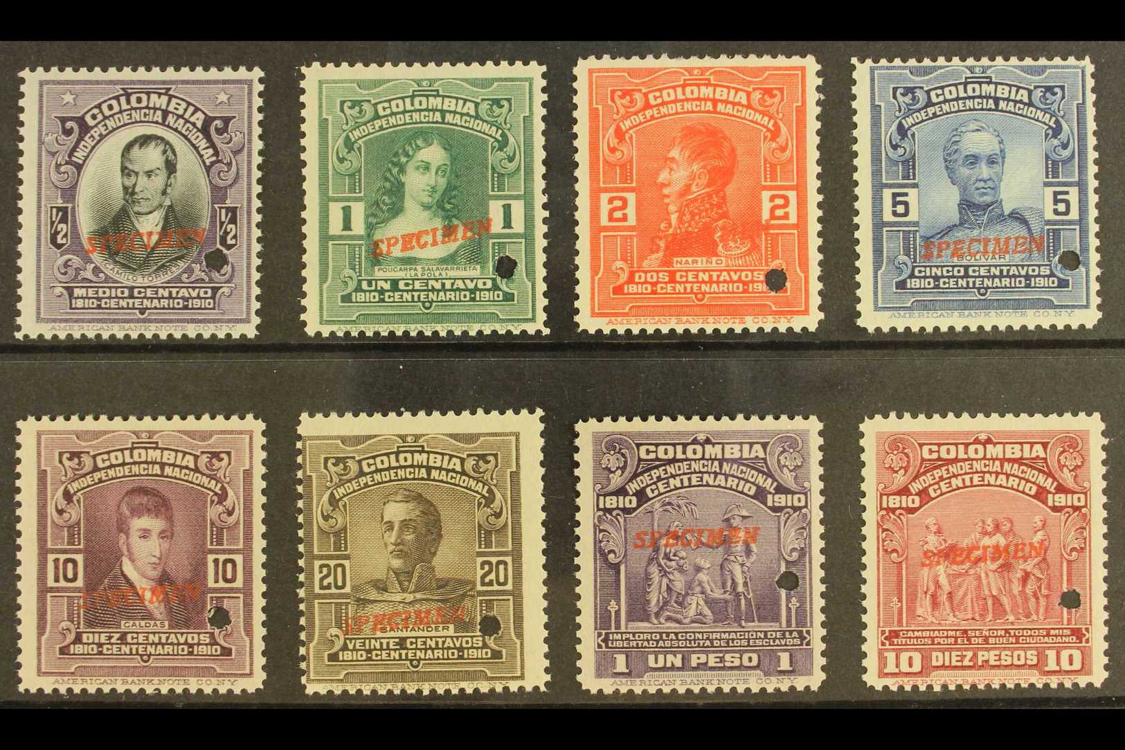 1910  Centenary Of Independence Complete Set With "SPECIMEN" Overprints (SG 345/52, Scott 331/38), Fine Never Hinged Min - Colombia