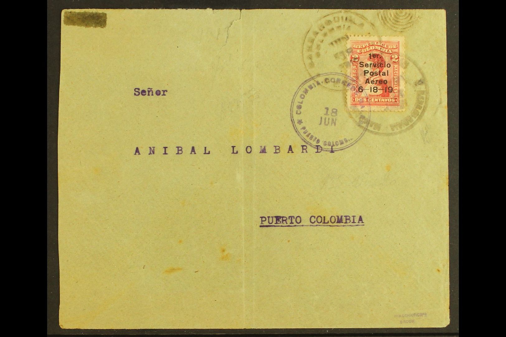 1919 FIRST EXPERIMENTAL FLIGHT COVER.  (18 June) Barranquilla To Puerto Colombia Airmail Cover Bearing 1919 2c Carmine-r - Colombie