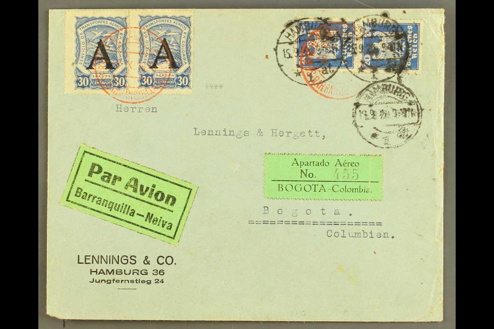 SCADTA  1925 (15 Sep) Cover From Germany Addressed To Bogota, Bearing Germany 20pf Pair Tied By "Hamburg" Cds's And SCAD - Colombie