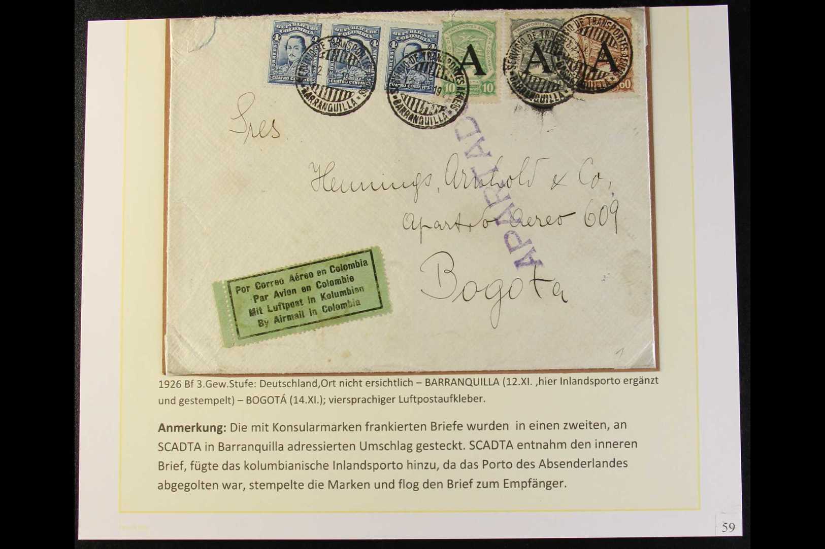SCADTA  1928 (Nov) Cover Addressed To Bogota, Bearing Colombia 4c Strip Of 3 And SCADTA 1923 10c, 20c & 60c All Three Wi - Colombie