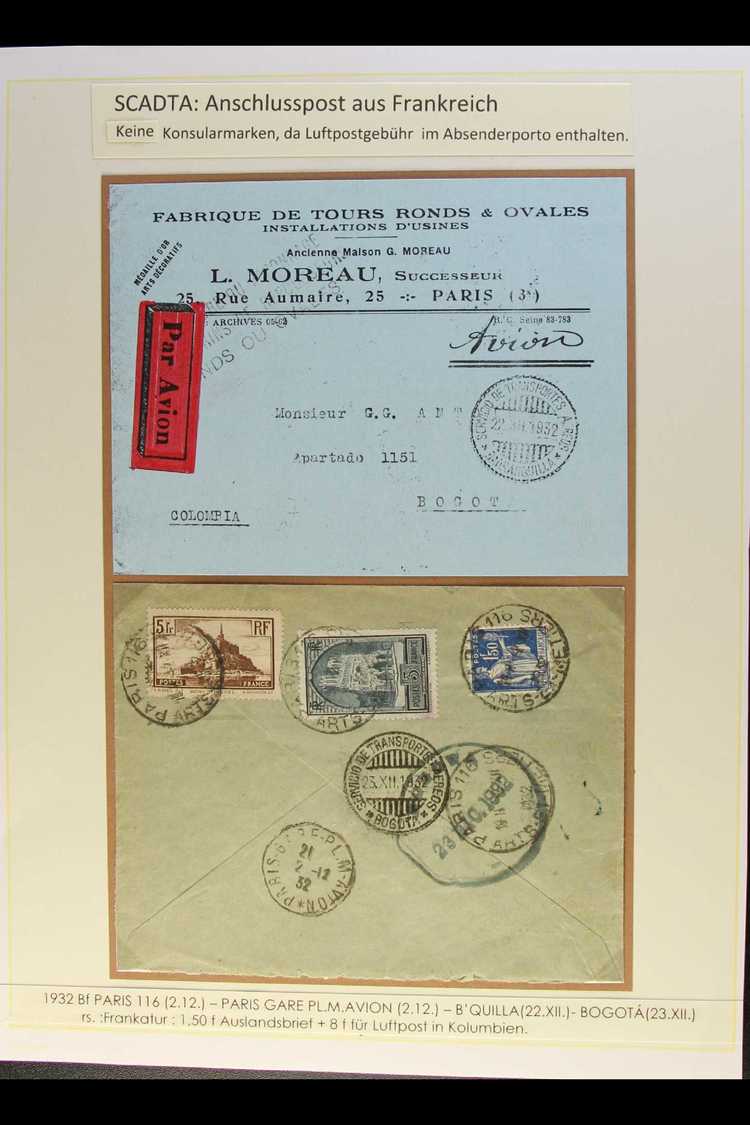 SCADTA  1932 Airmail Cover From France Addressed To Bogota, Bearing (on Reverse) France 1.50f, 3f & 5f Stamps Tied By "P - Colombia