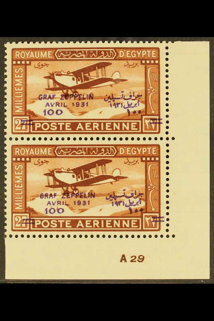 1931  100m On 27m Chestnut Zeppelin Overprint, SG 186, Fine Never Hinged Mint Lower Right Corner Control Number 'A 29' P - Otros & Sin Clasificación