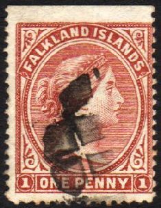 1885-91  1d Brownish Claret, Watermark Sideways Reversed SG 8x, Upper Marginal Example With Neat Segmented Cork Cancel.  - Falkland