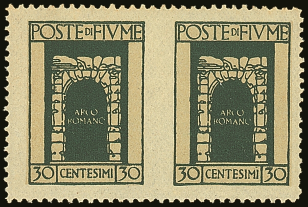 1923  30c Myrtle-green Roman Arch IMPERF BETWEEN PAIR, Sassone 195h, Very Fine Mint. Slightly Short Perf At Right, Cat € - Fiume