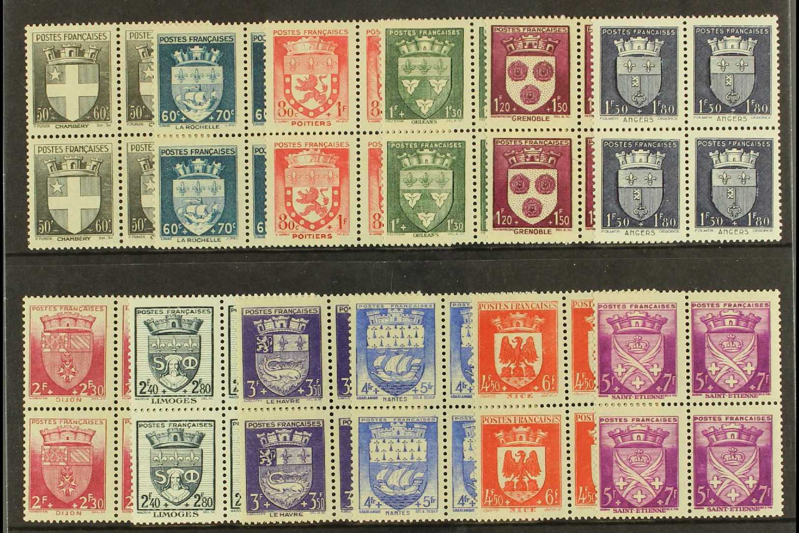 1942  National Relief Fund "Town Arms" Complete Set, Yv 553/564, Very Fine Never Hinged Mint Blocks Of Four (12 Blocks=4 - Autres & Non Classés