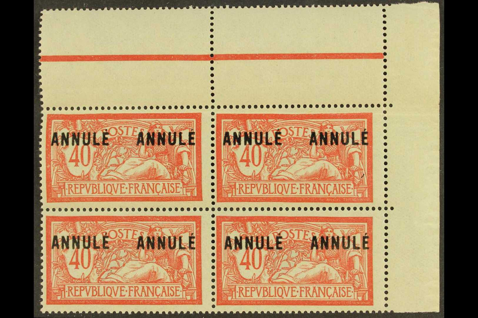COURS D'INSTRUCTION  1923 40c Red & Blue Merson With "ANNULE" Overprint, Yvert 119-CI 2, Never Hinged Mint Corner BLOCK  - Autres & Non Classés
