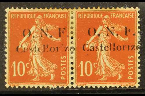 CASTELROSSO  1920 10c Red "Semeuse" Pair, One Stamp With Undotted "i" And Broken "F", Yv 28a (B), Mint With Lightly Tone - Autres & Non Classés