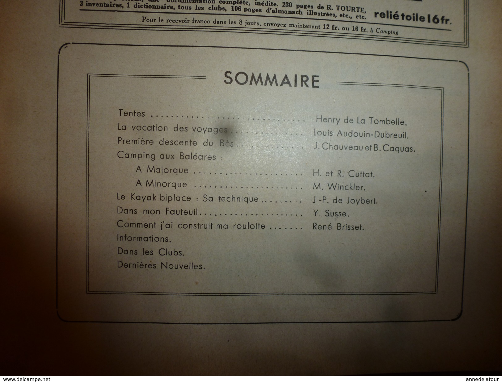 1939 CAMPING ->En Tunisie;Descente Bès;Baléares;Majorque;Kayak Biplace Et Technique;Construire Ma Roulotte;Tentes;Pubs - 1900 - 1949