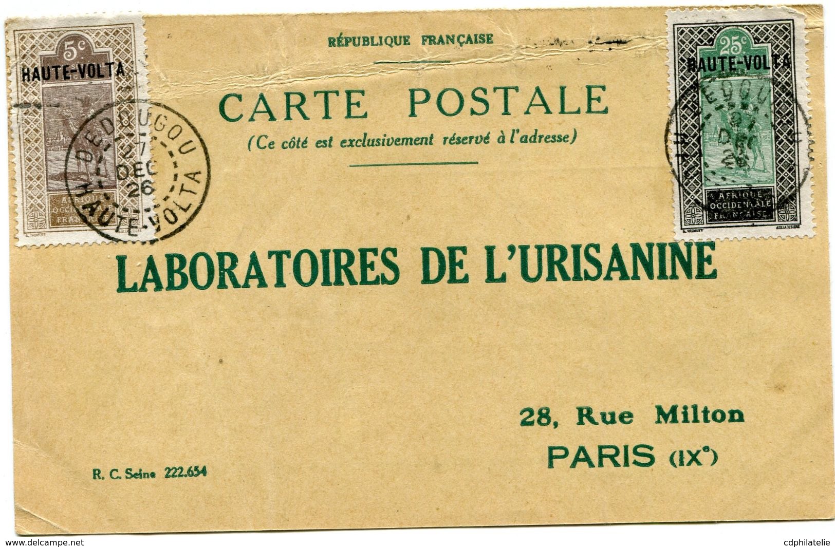 HAUTE VOLTA CARTE POSTALE BON POUR FLACON ECHANTILLON D'URISANINE DEPART DEDOUGOU 27 DEC 26 HAUTE VOLTA POUR LA FRANCE - Cartas & Documentos