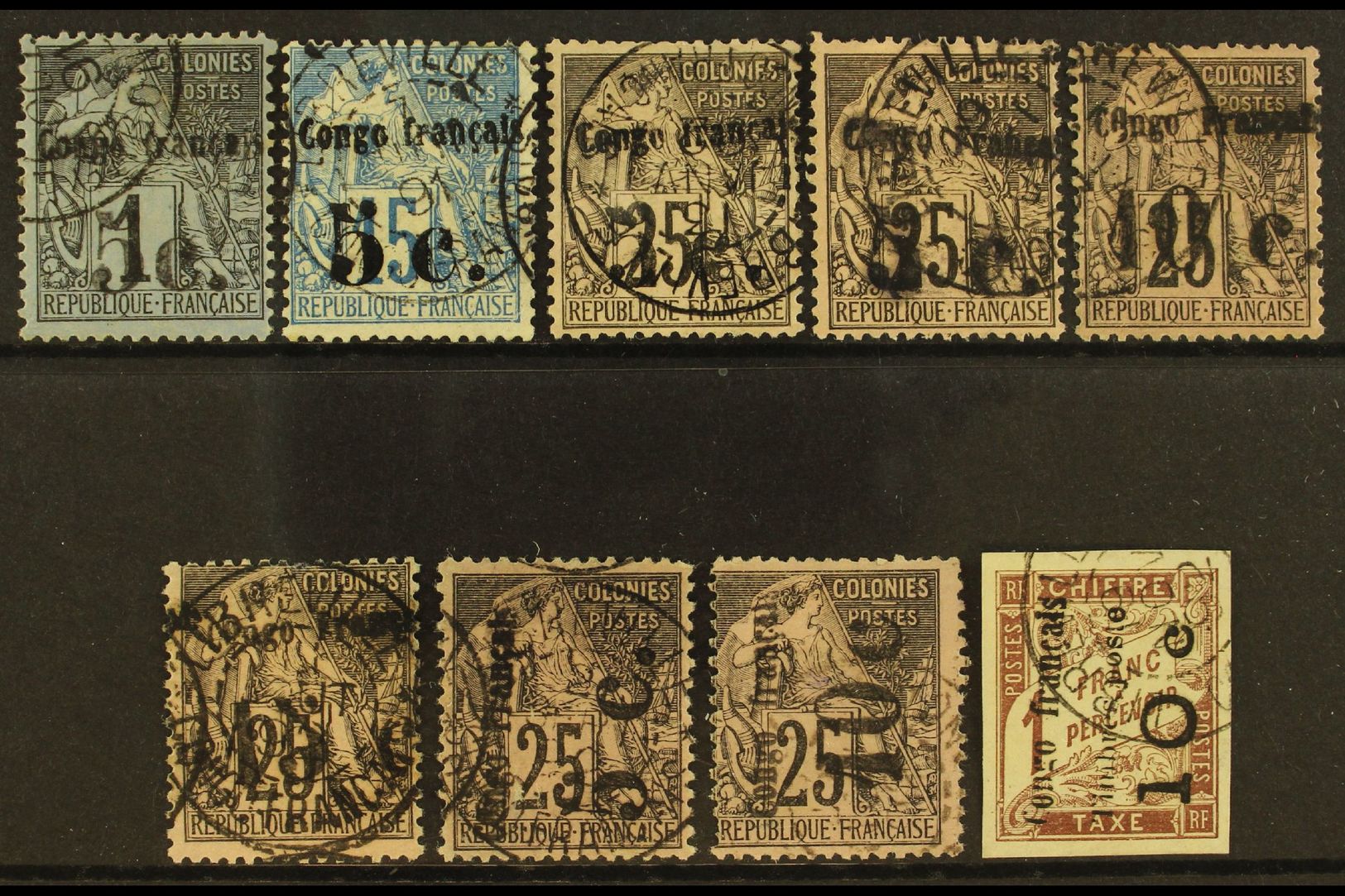 CONGO  1891 - 1892 SURCHARGES Lovely Group Of Very Fine Used Stamps. Includes 1891-92 Type I 5c On 1c, 5c On 15c & 5c On - Otros & Sin Clasificación