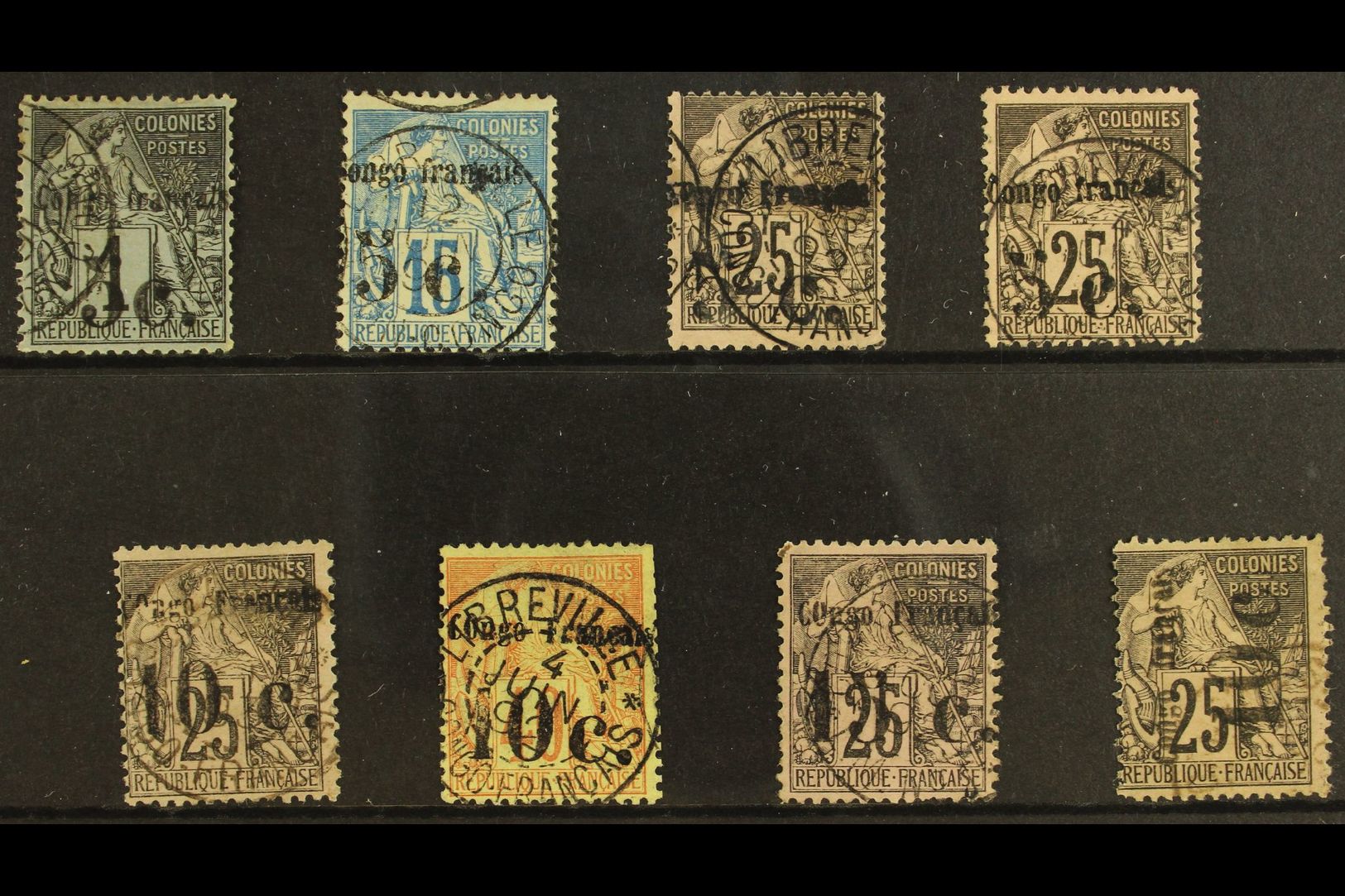 FRENCH CONGO  1891 FINE USED SURCHARGED SELECTION On A Stock Card. Includes 5c On 1c (Yv 1), 5c On 15c (Yv 2) & 5c On 25 - Otros & Sin Clasificación