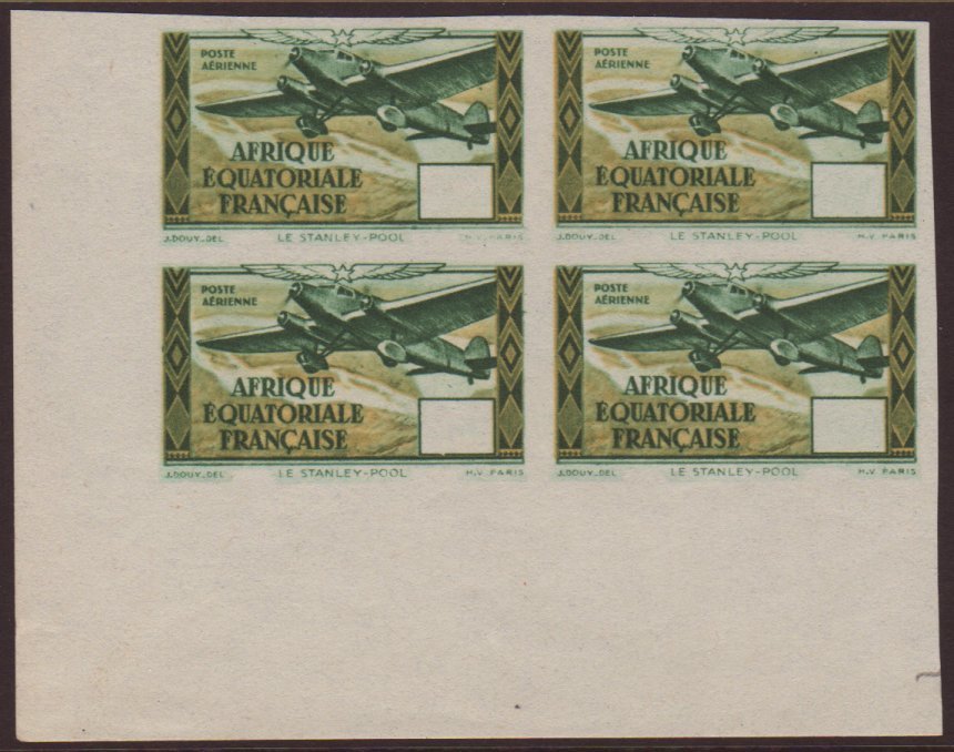 FRENCH EQUATORIAL AFRICA  1943-44 Air (-) Green & Bistre Aircraft Unissued IMPERF WITHOUT VALUE Variety, Maury 41C, Very - Autres & Non Classés