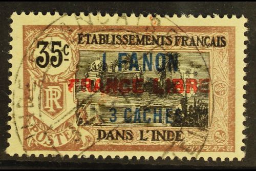 FRENCH INDIA  1941 1Fa 3ca On 35c Brown And Black, Variety "horizontal Surcharge", Yv 130a, Very Fine Used. For More Ima - Autres & Non Classés