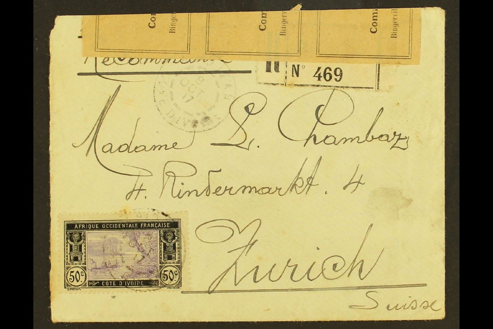 IVORY COAST  1917 (Oct) Registered Cover To Switzerland (with Censor Label) Bearing 50c (Maury 52, Yvert 53).  For More  - Otros & Sin Clasificación