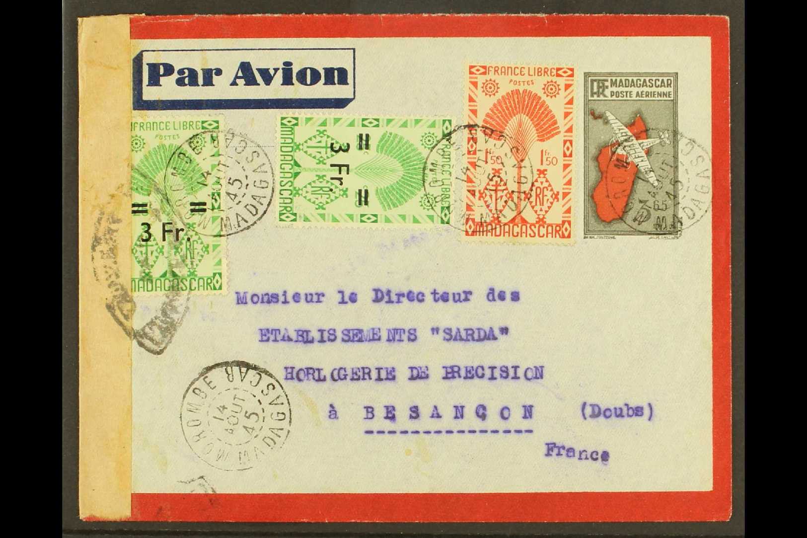 MADAGASCAR  1945 CENSOR COVER. A 3.65f Cover Uprated To Besancon France With Clearly Dated Cds. Pretty Cover For More Im - Other & Unclassified