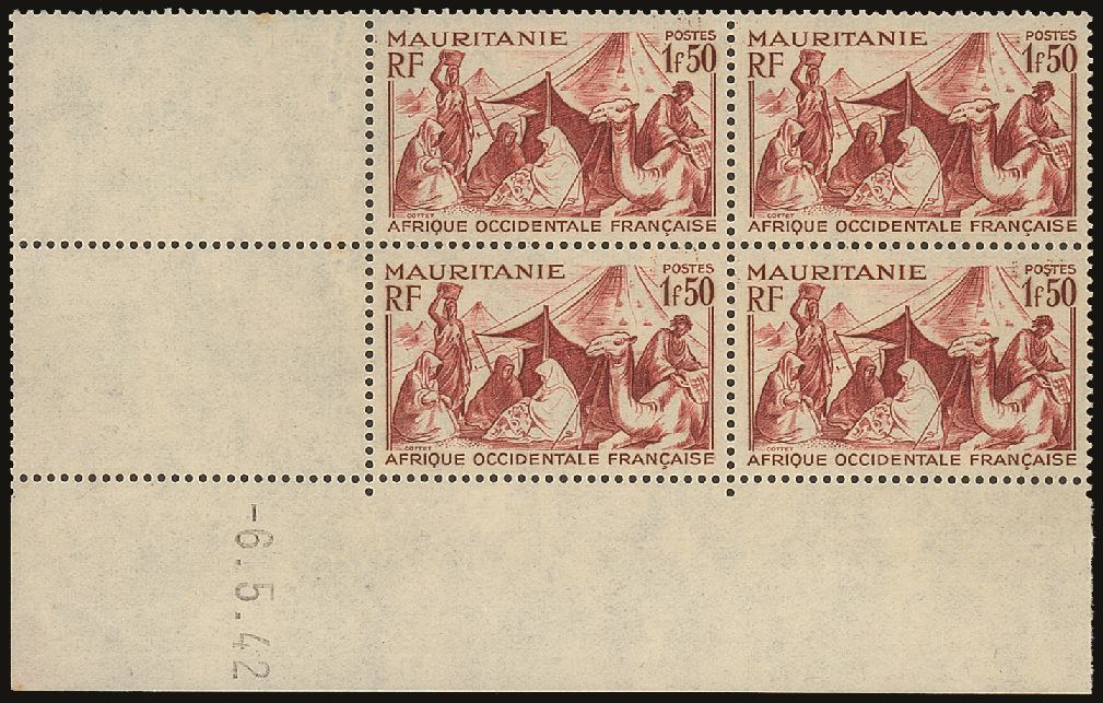 MAURITANIA  1942 1fr 50 Brown Red Bedouin Camp, Yv 112A, Superb NHM Dated Corner Block Of 4 (lightly Hinged On Selvedge) - Otros & Sin Clasificación