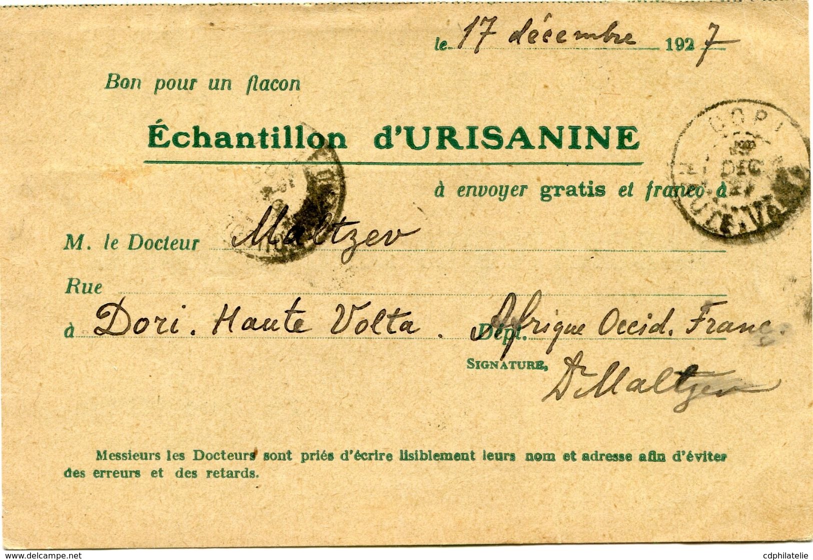 HAUTE VOLTA CARTE POSTALE BON POUR FLACON ECHANTILLON D'URISANINE DEPART DORI 19 DEC 27 HAUTE-VOLTA POUR LA FRANCE - Lettres & Documents