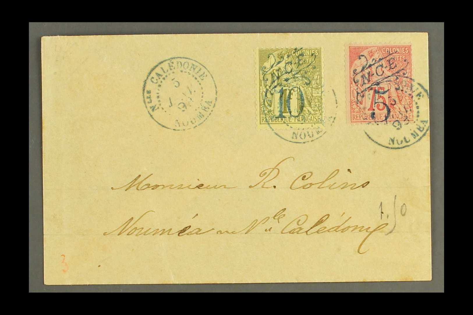 NEW CALEDONIA  1893 (5 Jan) Neat Local Cover Bearing Blue Surcharge 5c On 75c And 10c On 1f (Yvert 38 & 40) Tied By Noum - Otros & Sin Clasificación