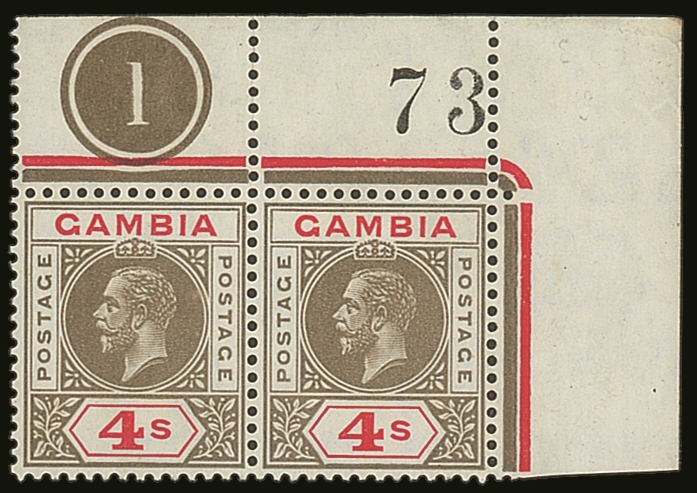 1922  4s Black And Red With WATERMARK INVERTED (SG 117w) A Spectacular Pair From The Upper- Right Corner Showing Plate N - Gambie (...-1964)