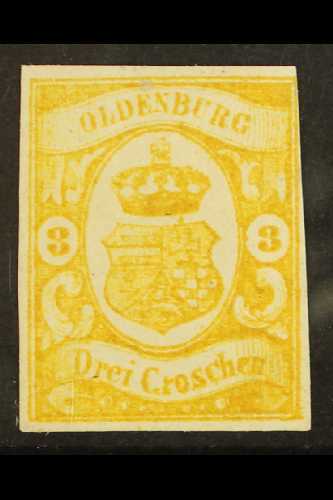 OLDENBURG  1861 3 Gr Greyish Yellow, Mi 14, Fine Mint Og, Clear Margins To 3 Sides Just Shaves Top Right Frame. For More - Other & Unclassified