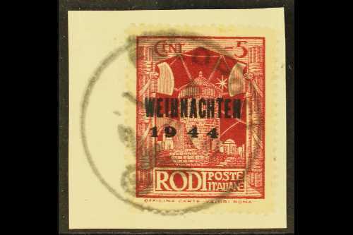 RHODES -  INSELPOST  1944 "Weihnachten" Overprint Type II On Rodi Issue, Michel 12 II, Very Fine Used On Small Piece Tie - Autres & Non Classés