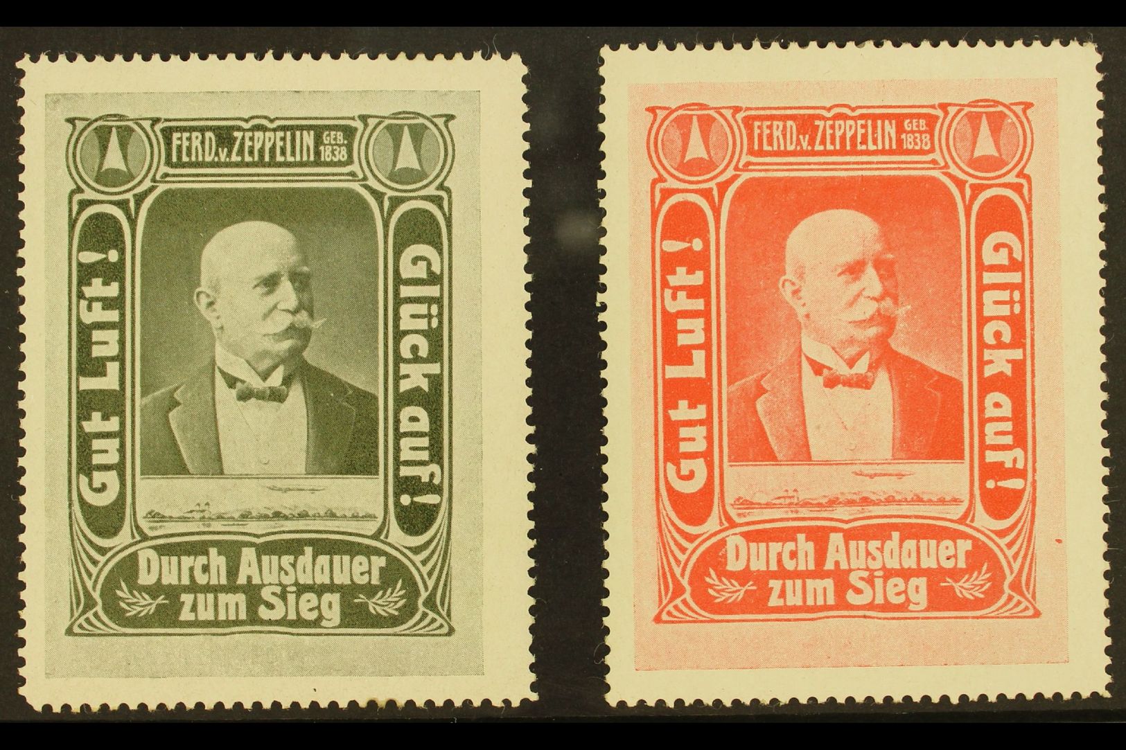 RARE ZEPPELIN LABELS.  Circa 1908 Two Different Labels Depicting Ferdinand Von Zeppelin Above An Image Of An Airship, In - Autres & Non Classés