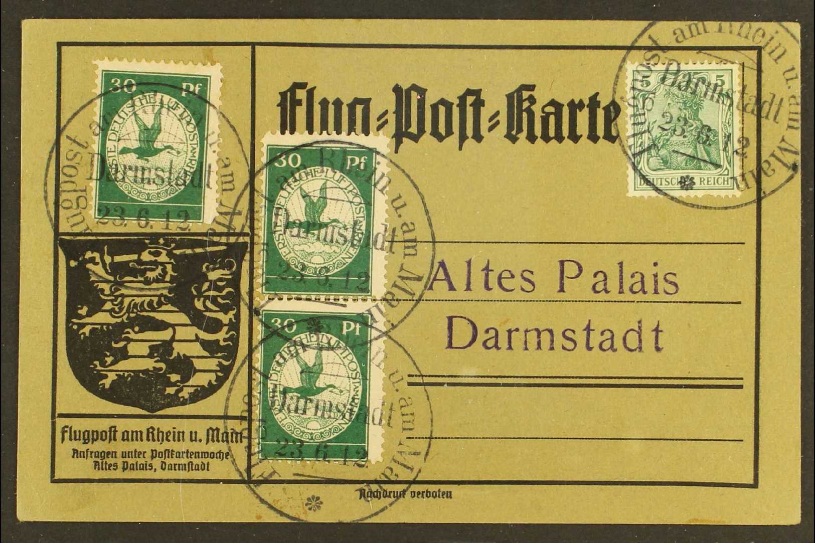 SEMI-OFFICIAL AIRMAIL  1912 (23 June) Special Card Bearing 5pf Germania And 30pf (x3) 'Rheim Und Main' Local Semi-offici - Otros & Sin Clasificación