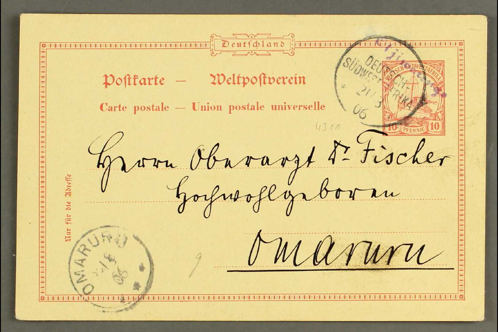 SOUTH WEST AFRICA  1906 (21 Mar) 10pf Postal Card To Omaruru Showing A Fine "OTJIWARONGO" Wanderstempel Type Postmark In - Autres & Non Classés