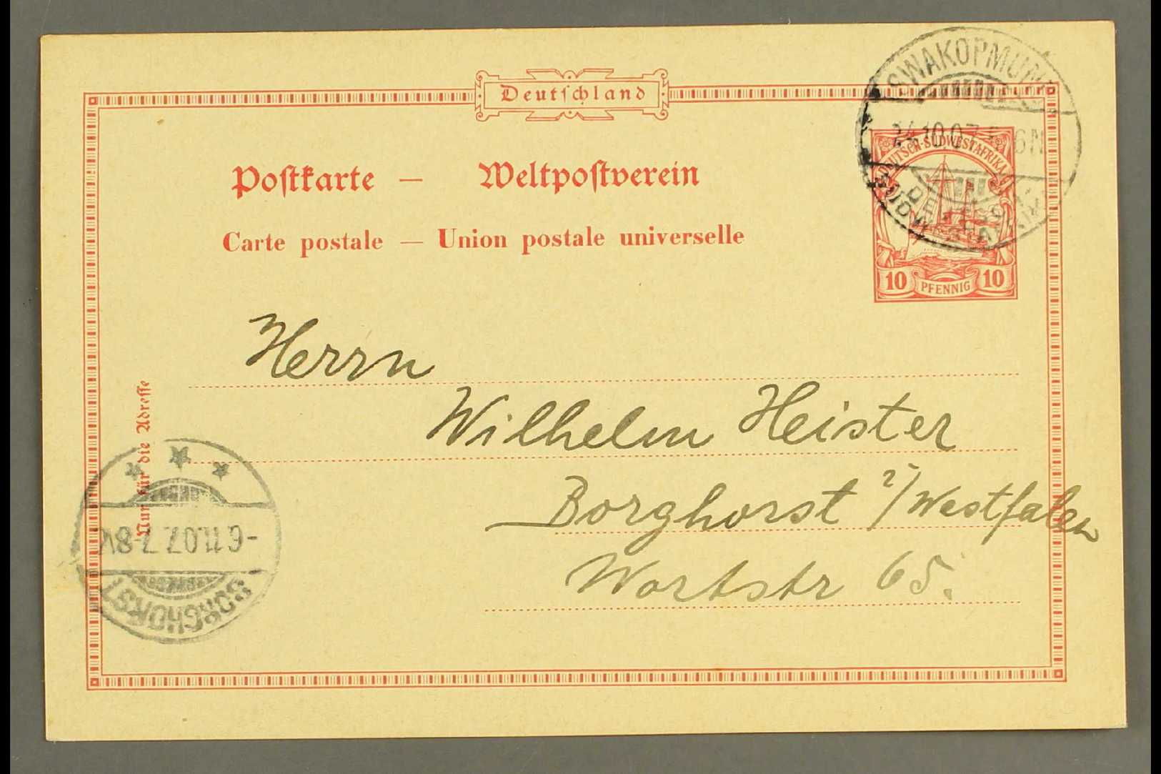 SOUTH WEST AFRICA  1907 (24 Oct) 10pf Postal Card To Germany Showing Very Fine "SWAKOPMUND" Cds Cancel (with "Broken Bri - Otros & Sin Clasificación