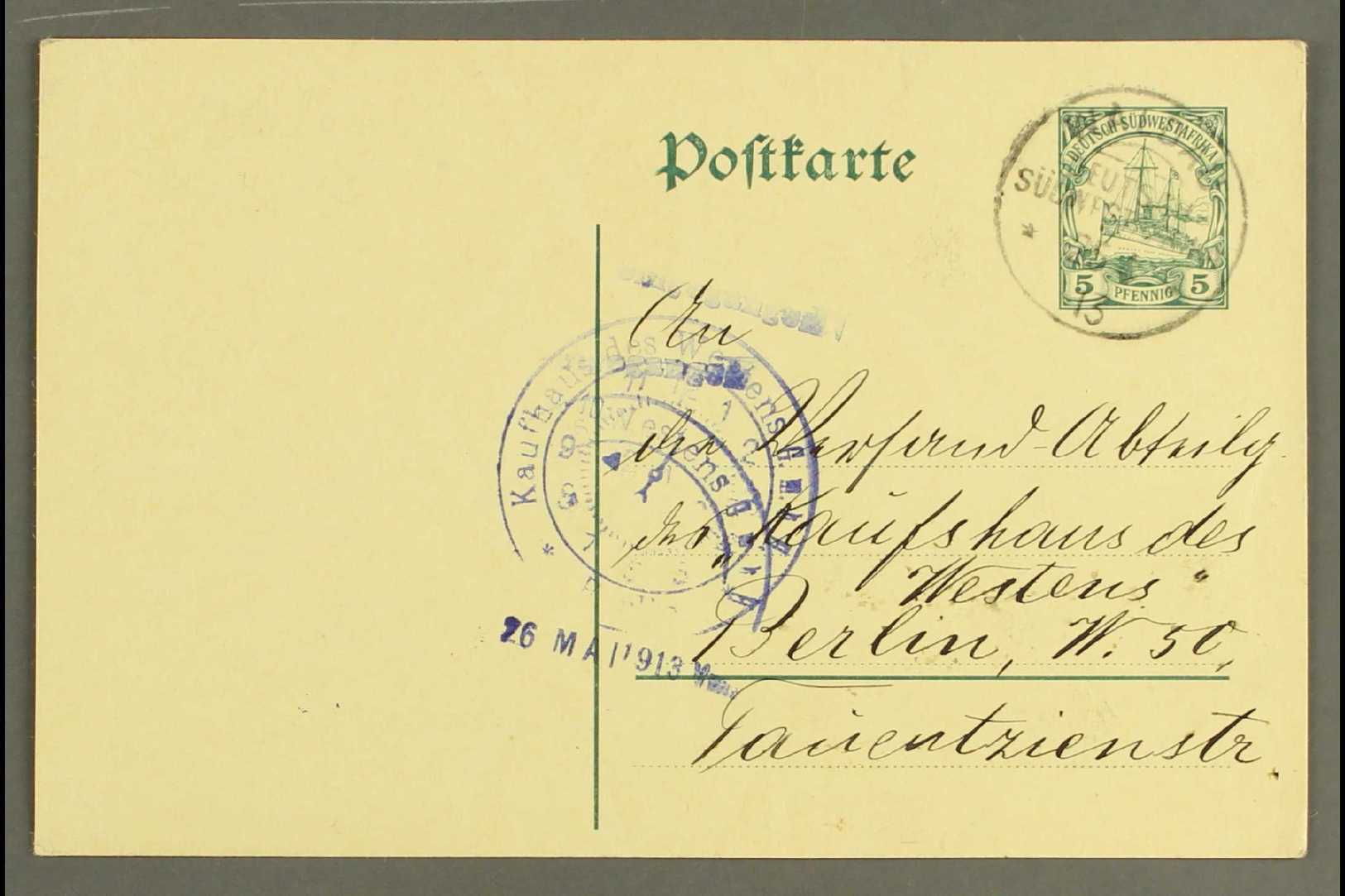 SOUTH WEST AFRICA  1913 (25 Apr) 5pf Postal Stationery Card To Germany With Fine "WALDAU" Cds Cancel, Berlin "clock Face - Otros & Sin Clasificación