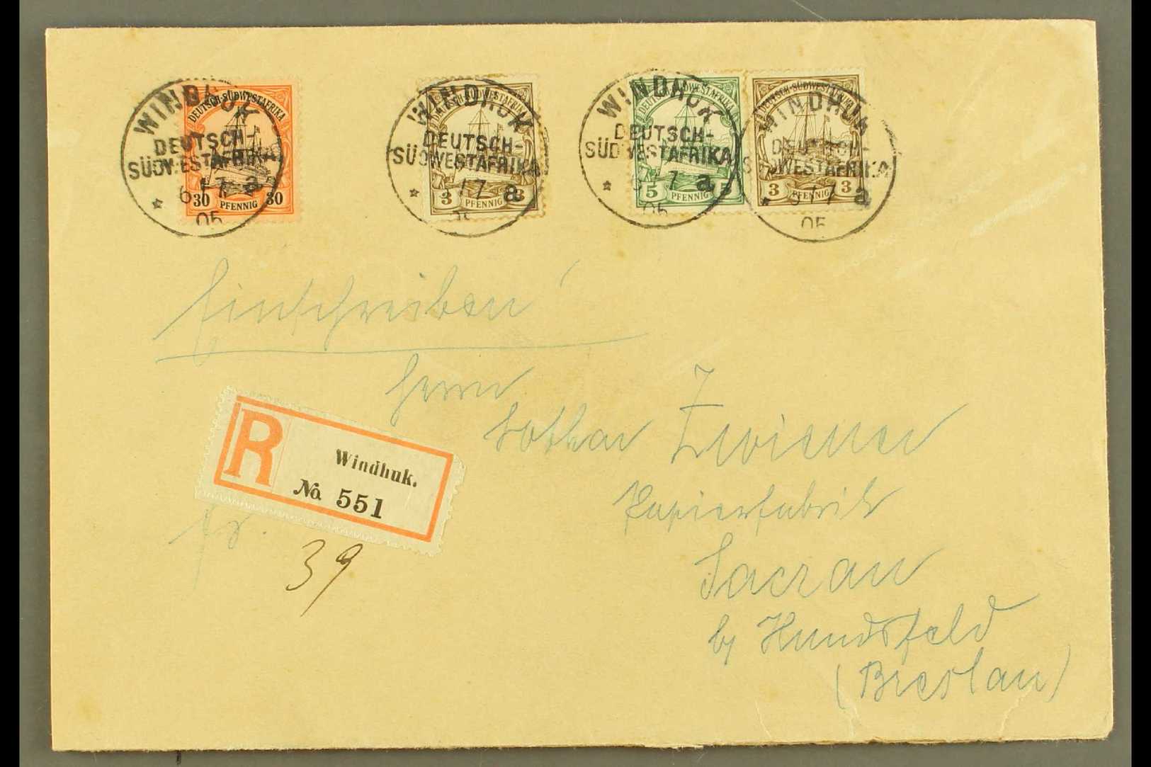 SOUTH WEST AFRICA  1905 (6 July) Registered Cover Addressed To Germany, Bearing 1901 3pf (x2), 5pf & 30pf Stamps Tied By - Otros & Sin Clasificación