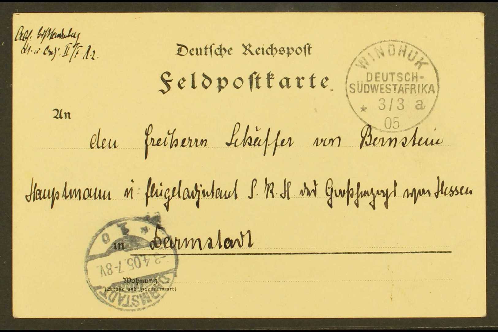 SOUTH WEST AFRICA  1905 (3 March) Stampless Printed Feldpost Card Addressed To Germany, Bearing "Windhuk" Cds, Plus Arri - Otros & Sin Clasificación