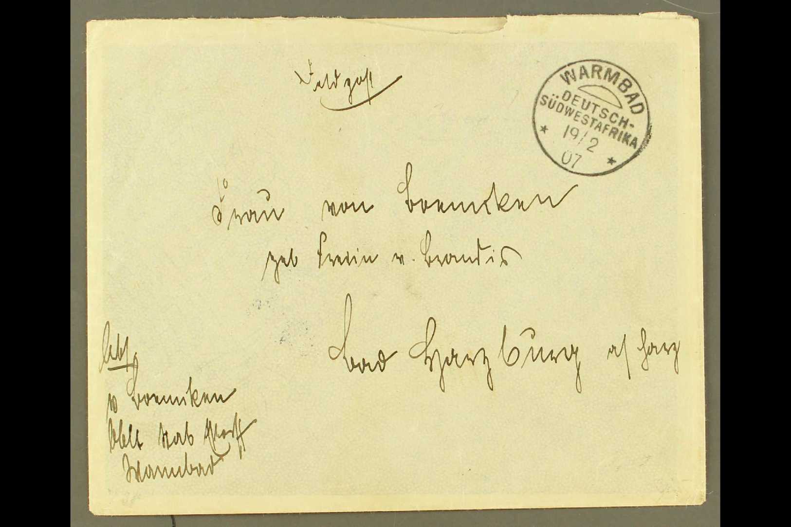 SOUTH WEST AFRICA  1907 (19 Feb) Stampless Feldpost Cover Addressed To Germany, Bearing "Warmbad" Cds, Plus Arrival Mark - Autres & Non Classés