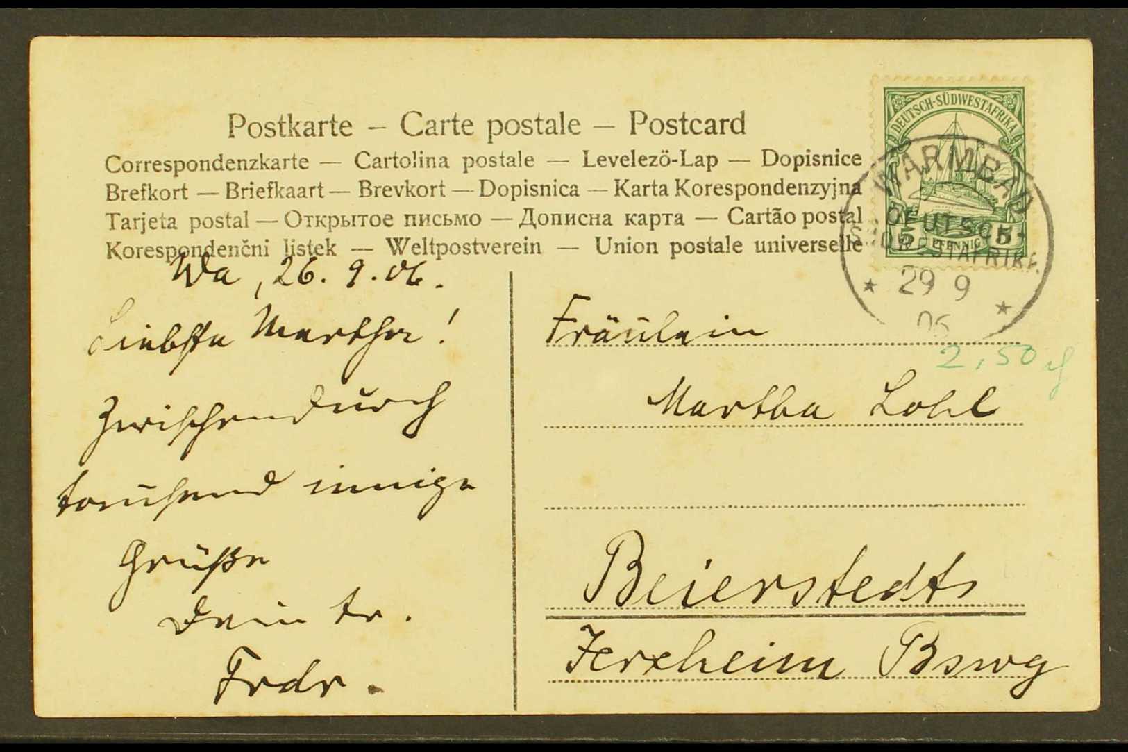 SOUTH WEST AFRICA  1906 (29 Sept) Picture Postcard Addressed To Germany, Bearing 1901 5pf Stamp Tied By "Warmbad" Cds. F - Sonstige & Ohne Zuordnung