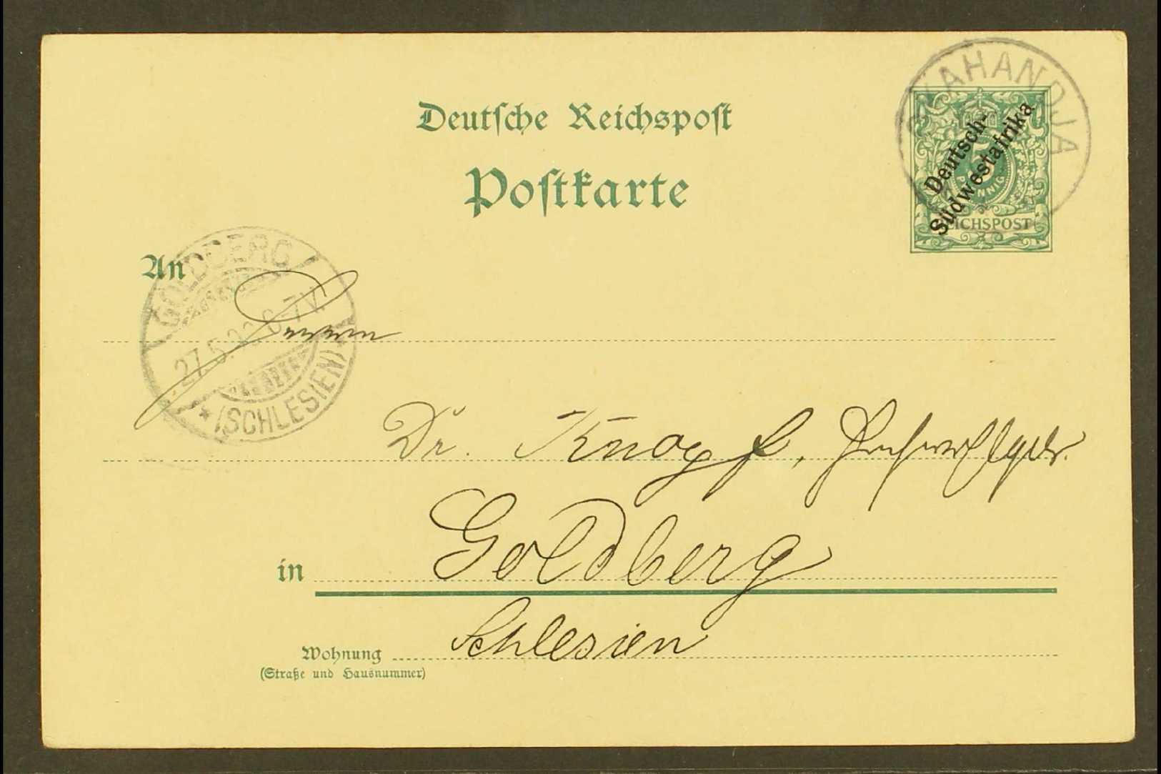 SOUTH WEST AFRICA  1900 (18 Apr) 10pf Green Ovpt'd Postal Stationery Card Addressed To Germany, Cancelled By "Okahandja" - Otros & Sin Clasificación