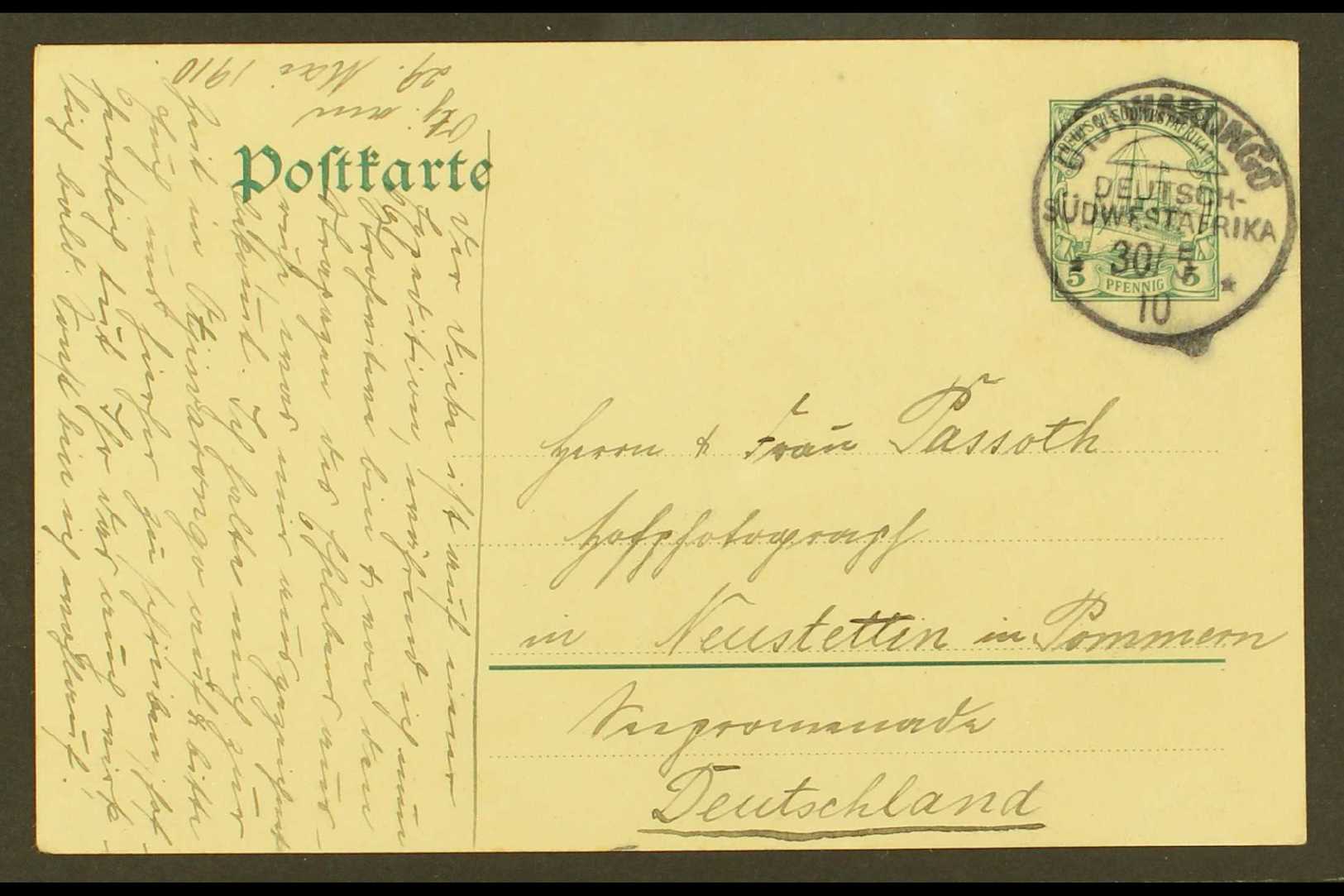 SOUTH WEST AFRICA  1910 (30 May) 5pf Postal Stationery Card Addressed To Germany, Cancelled By "Otjiwarongo" Cds, With A - Otros & Sin Clasificación