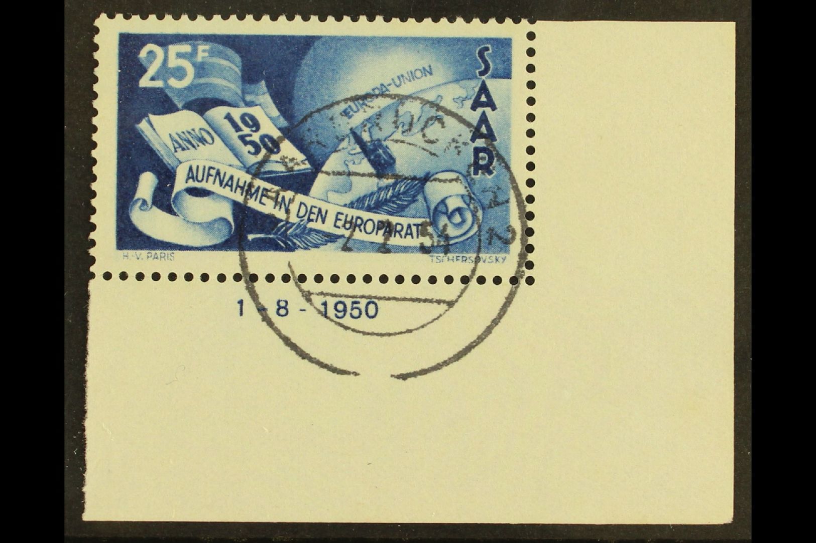1950  25f Blue Council Of Europe Lower Right Corner Example With '1.8. 1950' Date, Michel 297 Br, Very Fine Cds Used, Fr - Otros & Sin Clasificación