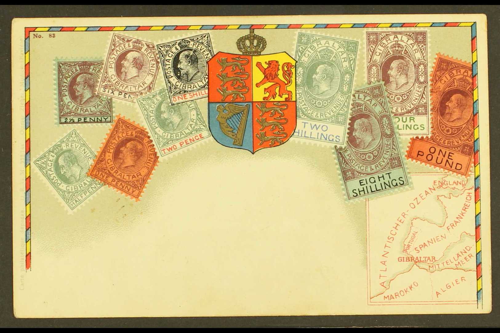 1903 STAMP POSTCARD.  A Colourful Unused Picture Post Card Showing Various KEVII Stamps Of Gibraltar With Values To £1 A - Gibraltar