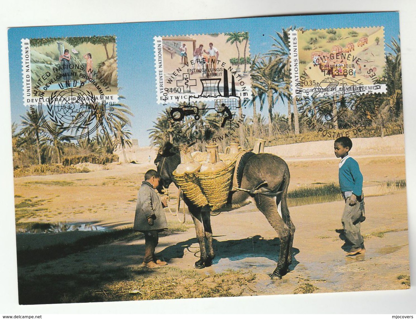 1986  UNDP UN JOINT ISSUE FDC Maximum Card DONKEY, TREE, HEALTH  Tractor Pmk  Geneve, Vienna, NY , Cover - New York/Geneva/Vienna Joint Issues