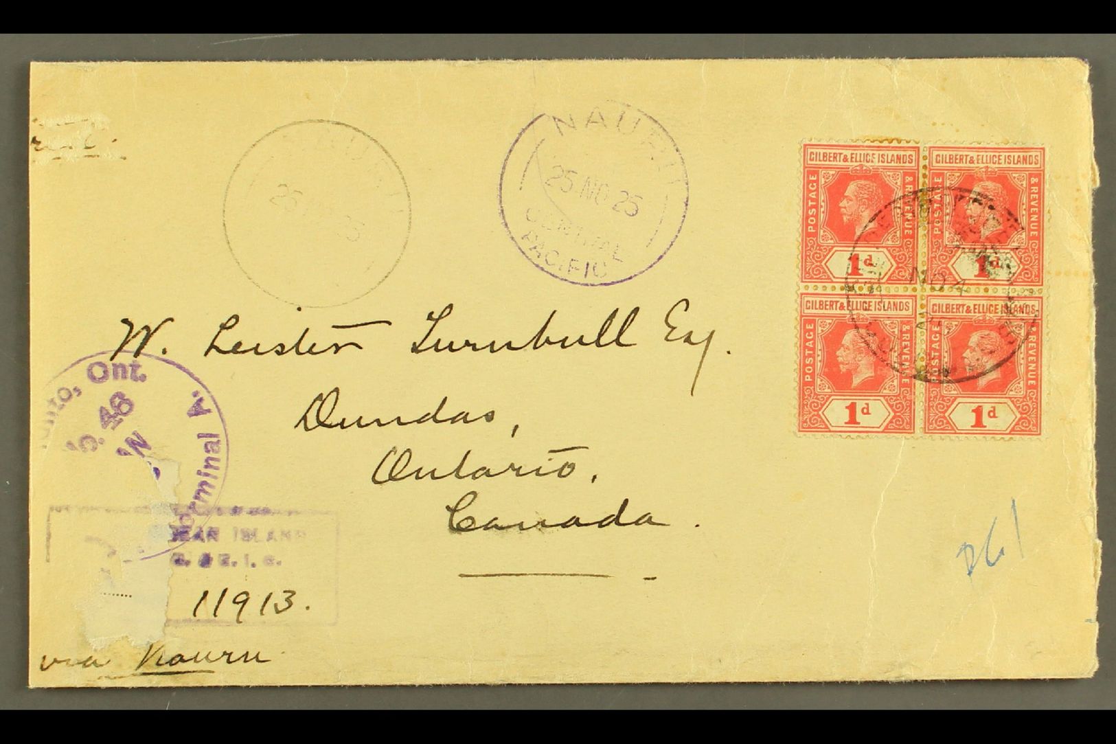 1925  (4 Nov) Registered Cover To Canada, Bearing 1912-24 1d Block Of 4 Cancelled By "Gilbert & Ellice Islands Colony" C - Îles Gilbert Et Ellice (...-1979)