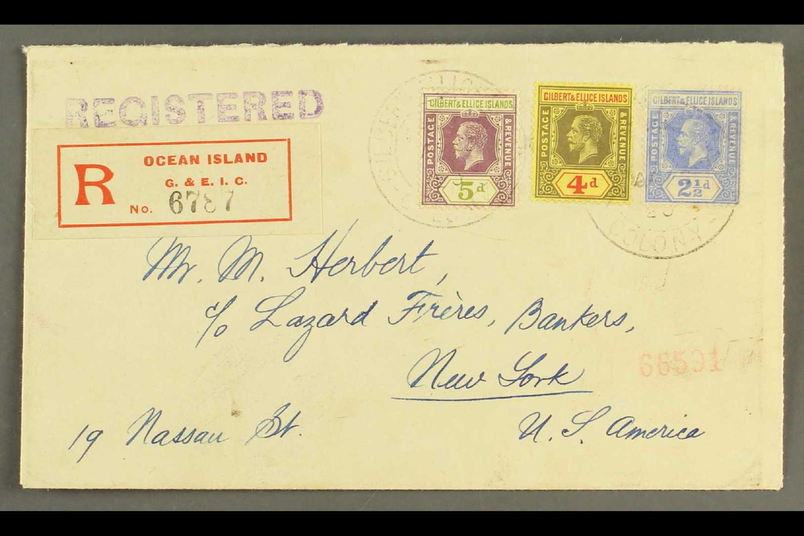 OCEAN ISLAND  1920 Registered Cover To USA, Bearing KGV 2½d, 4d & 5d, Cancelled With "G.P.O. Ocean Isld." Pmks And "Ocea - Îles Gilbert Et Ellice (...-1979)